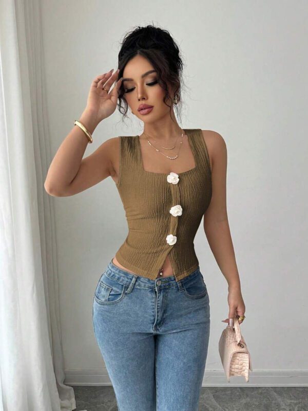 Elenzga Débardeur court à motif floral 3D à la mode pour femme, camisole courte ajustée à bretelles larges et col carré – Image 31
