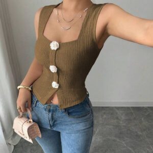 Elenzga Débardeur court à motif floral 3D à la mode pour femme, camisole courte ajustée à bretelles larges et col carré