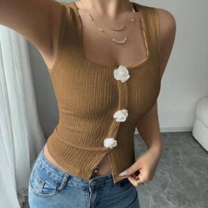 Elenzga Débardeur court à motif floral 3D à la mode pour femme, camisole courte ajustée à bretelles larges et col carré