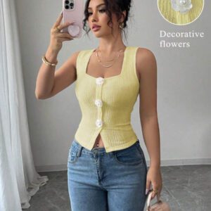 Elenzga Débardeur court à motif floral 3D à la mode pour femme, camisole courte ajustée à bretelles larges et col carré