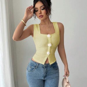 Elenzga Débardeur court à motif floral 3D à la mode pour femme, camisole courte ajustée à bretelles larges et col carré