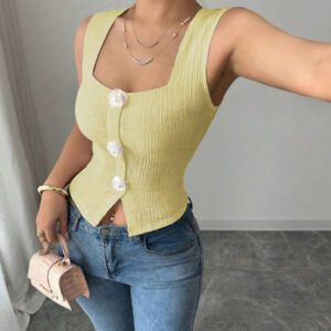 Elenzga Débardeur court à motif floral 3D à la mode pour femme, camisole courte ajustée à bretelles larges et col carré