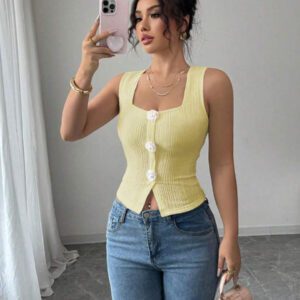 Elenzga Débardeur court à motif floral 3D à la mode pour femme, camisole courte ajustée à bretelles larges et col carré