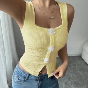 Elenzga Débardeur court à motif floral 3D à la mode pour femme, camisole courte ajustée à bretelles larges et col carré