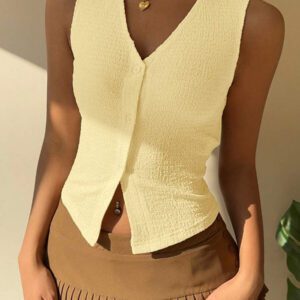 SHEIN EZwear Gilet tricoté à col en V ouvert moutarde pour femmes, été