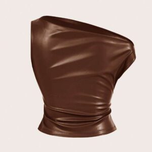 Siren Gaze Top casual pour femmes, style de mode années 90, look de rue pour le printemps et l'automne. Top sans manches avec col plissé en PU, couleur unie, adapté pour les sorties et les fêtes