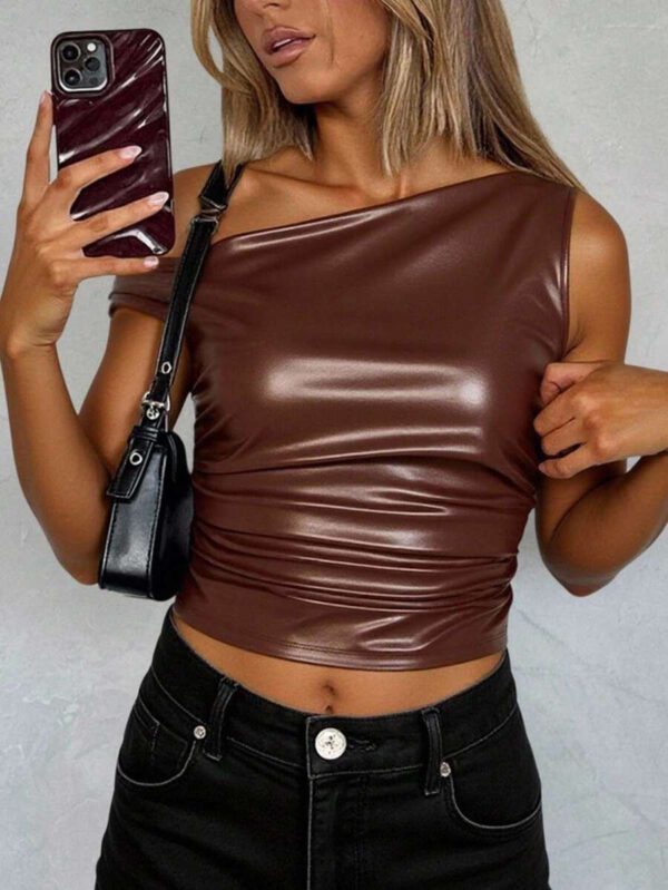 Siren Gaze Top casual pour femmes, style de mode années 90, look de rue pour le printemps et l'automne. Top sans manches avec col plissé en PU, couleur unie, adapté pour les sorties et les fêtes – Image 21