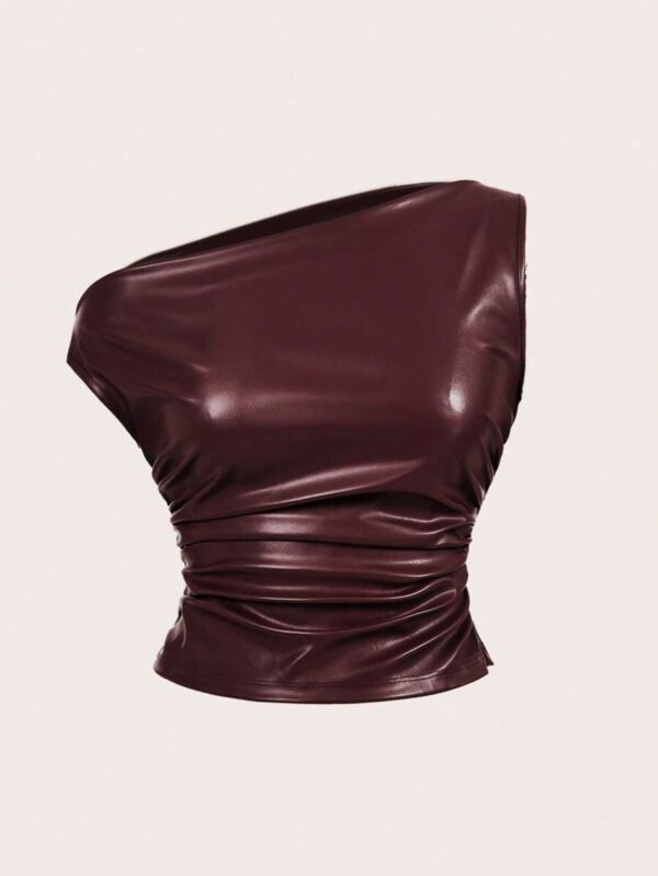 Siren Gaze Top casual pour femmes, style de mode années 90, look de rue pour le printemps et l'automne. Top sans manches avec col plissé en PU, couleur unie, adapté pour les sorties et les fêtes – Image 23