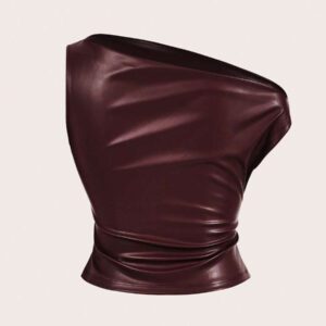 Siren Gaze Top casual pour femmes, style de mode années 90, look de rue pour le printemps et l'automne. Top sans manches avec col plissé en PU, couleur unie, adapté pour les sorties et les fêtes