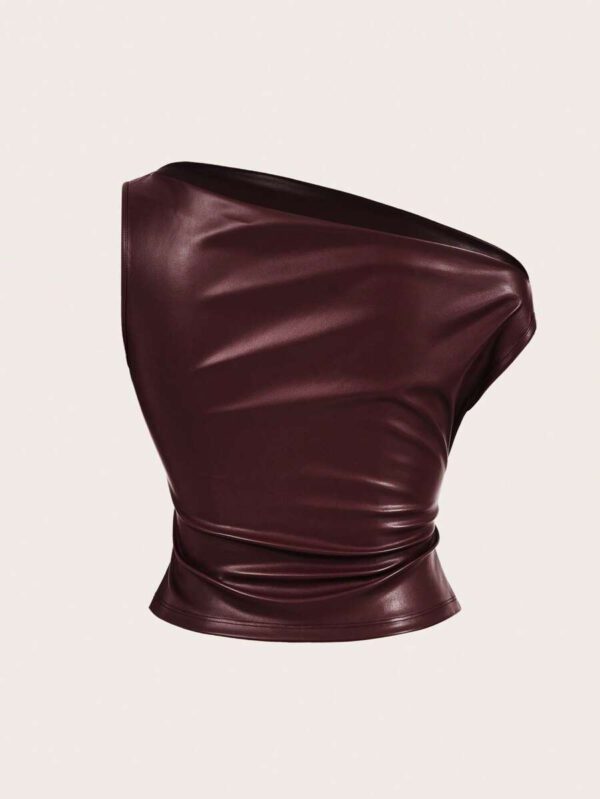Siren Gaze Top casual pour femmes, style de mode années 90, look de rue pour le printemps et l'automne. Top sans manches avec col plissé en PU, couleur unie, adapté pour les sorties et les fêtes – Image 24