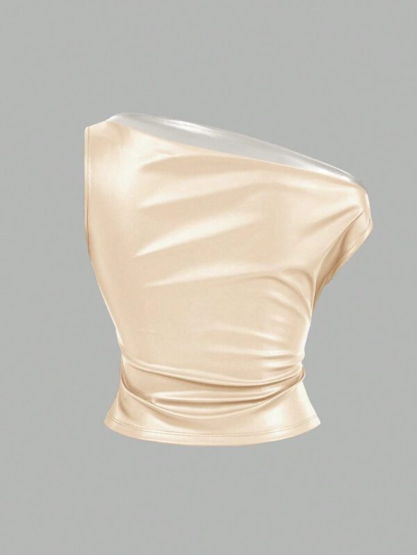 Siren Gaze Top casual pour femmes, style de mode années 90, look de rue pour le printemps et l'automne. Top sans manches avec col plissé en PU, couleur unie, adapté pour les sorties et les fêtes – Image 28