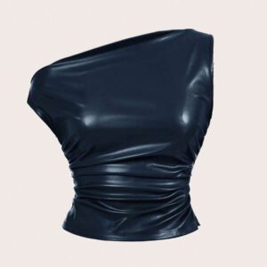 Siren Gaze Top casual pour femmes, style de mode années 90, look de rue pour le printemps et l'automne. Top sans manches avec col plissé en PU, couleur unie, adapté pour les sorties et les fêtes