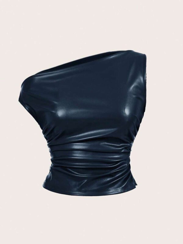 Siren Gaze Top casual pour femmes, style de mode années 90, look de rue pour le printemps et l'automne. Top sans manches avec col plissé en PU, couleur unie, adapté pour les sorties et les fêtes – Image 31