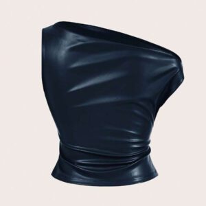 Siren Gaze Top casual pour femmes, style de mode années 90, look de rue pour le printemps et l'automne. Top sans manches avec col plissé en PU, couleur unie, adapté pour les sorties et les fêtes