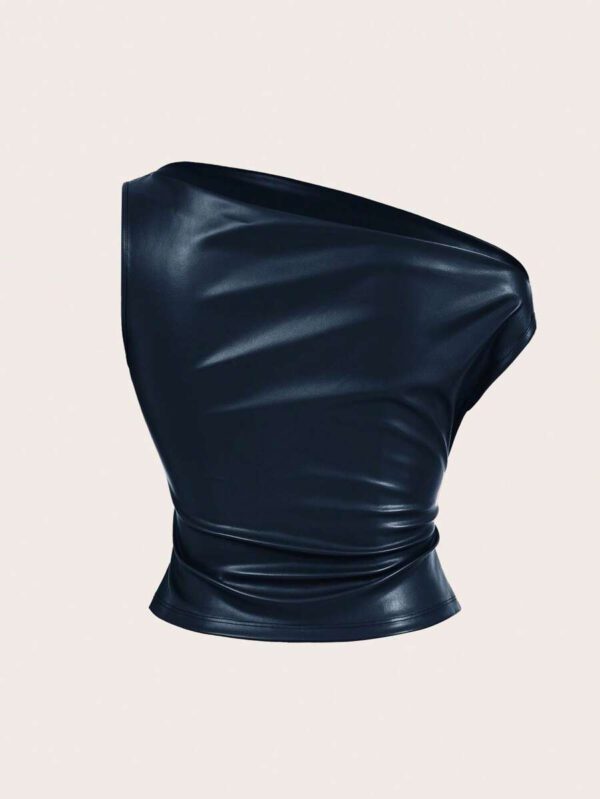 Siren Gaze Top casual pour femmes, style de mode années 90, look de rue pour le printemps et l'automne. Top sans manches avec col plissé en PU, couleur unie, adapté pour les sorties et les fêtes – Image 32