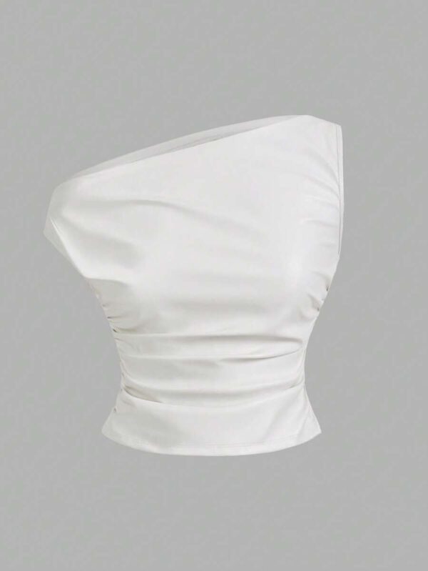 Siren Gaze Top casual pour femmes, style de mode années 90, look de rue pour le printemps et l'automne. Top sans manches avec col plissé en PU, couleur unie, adapté pour les sorties et les fêtes – Image 35