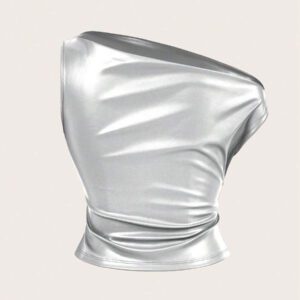 Siren Gaze Top casual pour femmes, style de mode années 90, look de rue pour le printemps et l'automne. Top sans manches avec col plissé en PU, couleur unie, adapté pour les sorties et les fêtes