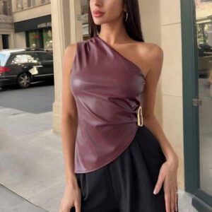 Firerie Top court serré à décoration métallique, ourlet asymétrique sexy minimaliste élégant pour femmes, rouge cheville