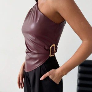 Firerie Top court serré à décoration métallique, ourlet asymétrique sexy minimaliste élégant pour femmes, rouge cheville