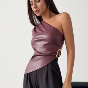 Firerie Top court serré à décoration métallique, ourlet asymétrique sexy minimaliste élégant pour femmes, rouge cheville