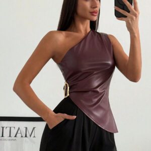 Firerie Top court serré à décoration métallique, ourlet asymétrique sexy minimaliste élégant pour femmes, rouge cheville
