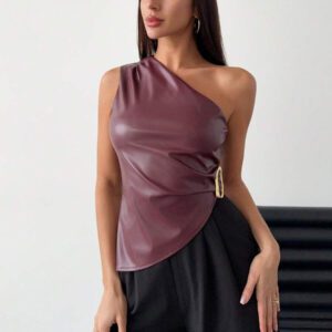 Firerie Top court serré à décoration métallique, ourlet asymétrique sexy minimaliste élégant pour femmes, rouge cheville