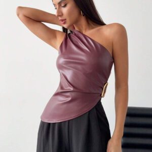 Firerie Top court serré à décoration métallique, ourlet asymétrique sexy minimaliste élégant pour femmes, rouge cheville