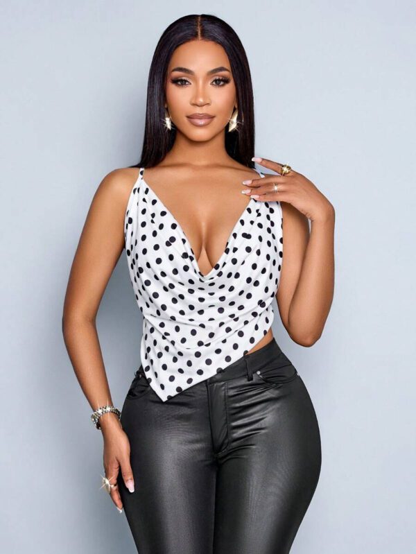 SOLERSUN Femmes printemps et été Décontracté vacances Blanc à pois noirs Imprimé sexy Débardeur col ras-du-cou sans manches, Bretelles croisées au dos, Gilet tricoté ourlet asymétrique (floral aléatoire) – Image 2