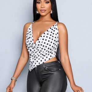 SOLERSUN Femmes printemps et été Décontracté vacances Blanc à pois noirs Imprimé sexy Débardeur col ras-du-cou sans manches, Bretelles croisées au dos, Gilet tricoté ourlet asymétrique (floral aléatoire)