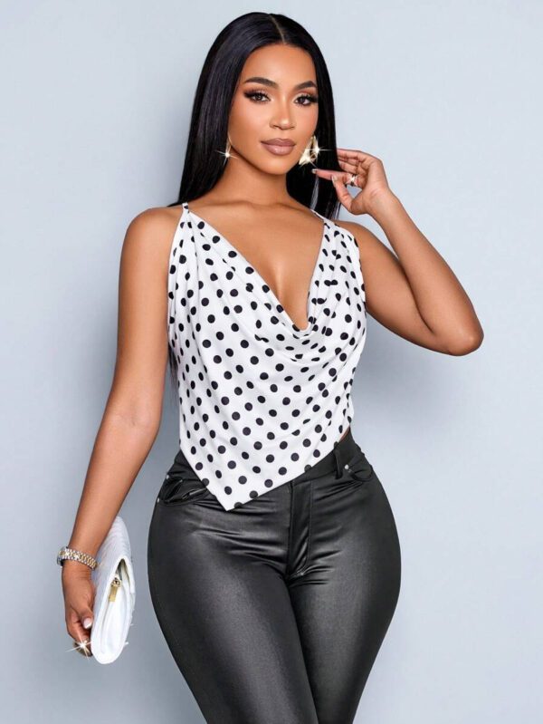 SOLERSUN Femmes printemps et été Décontracté vacances Blanc à pois noirs Imprimé sexy Débardeur col ras-du-cou sans manches, Bretelles croisées au dos, Gilet tricoté ourlet asymétrique (floral aléatoire) – Image 8