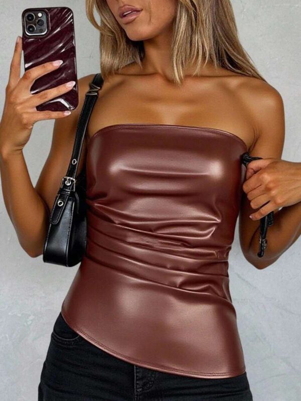 Siren Gaze Top imprimé peau de serpent brun pour femmes, fashion, plissé, ourlet asymétrique en tube. Convient pour sortir, les fêtes, Noël, vacances, élégant, Nouvel An, festivals, été, femmes, blouse, Saint-Valentin, robe de fête du Nouvel An – Image 21
