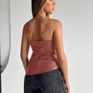 Siren Gaze Top imprimé peau de serpent brun pour femmes, fashion, plissé, ourlet asymétrique en tube. Convient pour sortir, les fêtes, Noël, vacances, élégant, Nouvel An, festivals, été, femmes, blouse, Saint-Valentin, robe de fête du Nouvel An