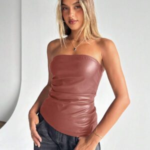 Siren Gaze Top imprimé peau de serpent brun pour femmes, fashion, plissé, ourlet asymétrique en tube. Convient pour sortir, les fêtes, Noël, vacances, élégant, Nouvel An, festivals, été, femmes, blouse, Saint-Valentin, robe de fête du Nouvel An