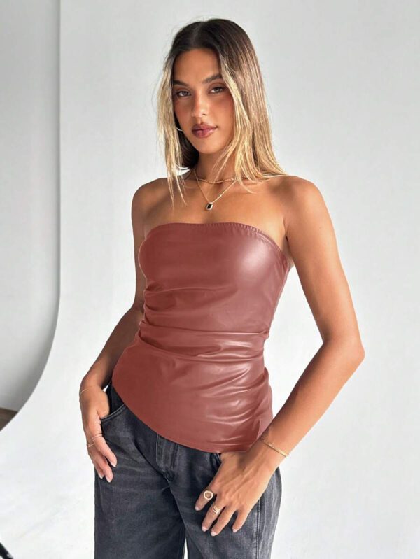 Siren Gaze Top imprimé peau de serpent brun pour femmes, fashion, plissé, ourlet asymétrique en tube. Convient pour sortir, les fêtes, Noël, vacances, élégant, Nouvel An, festivals, été, femmes, blouse, Saint-Valentin, robe de fête du Nouvel An – Image 63