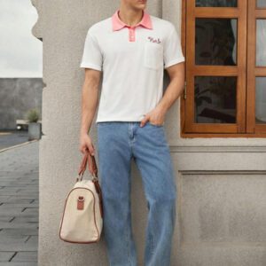 Manfinity VCAY Chemise polo décontractée pour hommes en tricot avec broderie de lettre, manches raglan amples et courtes