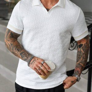 Manfinity Mode Chemise polo à manches courtes en jacquard décontractée pour homme, parfaite pour les trajets quotidiens en été