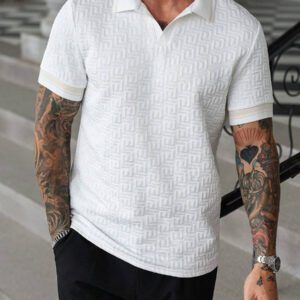 Manfinity Mode Chemise polo à manches courtes en jacquard décontractée pour homme, parfaite pour les trajets quotidiens en été