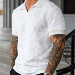 Manfinity Mode Chemise polo à manches courtes en jacquard décontractée pour homme, parfaite pour les trajets quotidiens en été