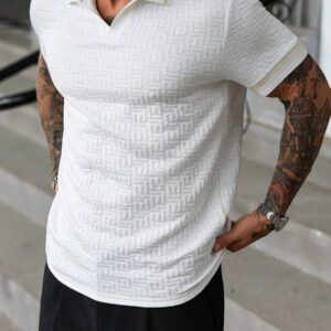 Manfinity Mode Chemise polo à manches courtes en jacquard décontractée pour homme, parfaite pour les trajets quotidiens en été