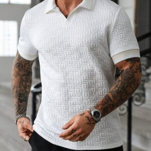 Manfinity Mode Chemise polo à manches courtes en jacquard décontractée pour homme, parfaite pour les trajets quotidiens en été