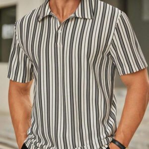 HIMLAND Polo à manches courtes tricoté rayé casual pour hommes