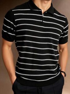 RueChic Polo à demi-zip régulier pour homme tricoté avec rayures texturées