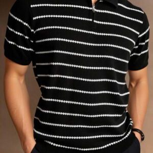 RueChic Polo à demi-zip régulier pour homme tricoté avec rayures texturées