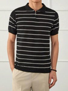 RueChic Polo à demi-zip régulier pour homme tricoté avec rayures texturées – Image 4