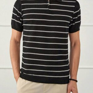 RueChic Polo à demi-zip régulier pour homme tricoté avec rayures texturées