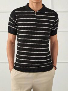 RueChic Polo à demi-zip régulier pour homme tricoté avec rayures texturées – Image 5