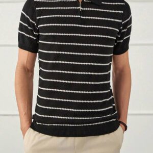 RueChic Polo à demi-zip régulier pour homme tricoté avec rayures texturées