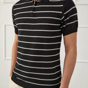 RueChic Polo à demi-zip régulier pour homme tricoté avec rayures texturées