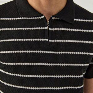 RueChic Polo à demi-zip régulier pour homme tricoté avec rayures texturées