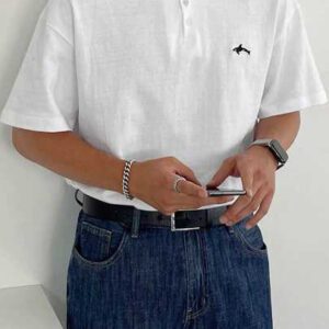 DAZY Chemise de golf style polo blanche avec baleine brodée pour homme